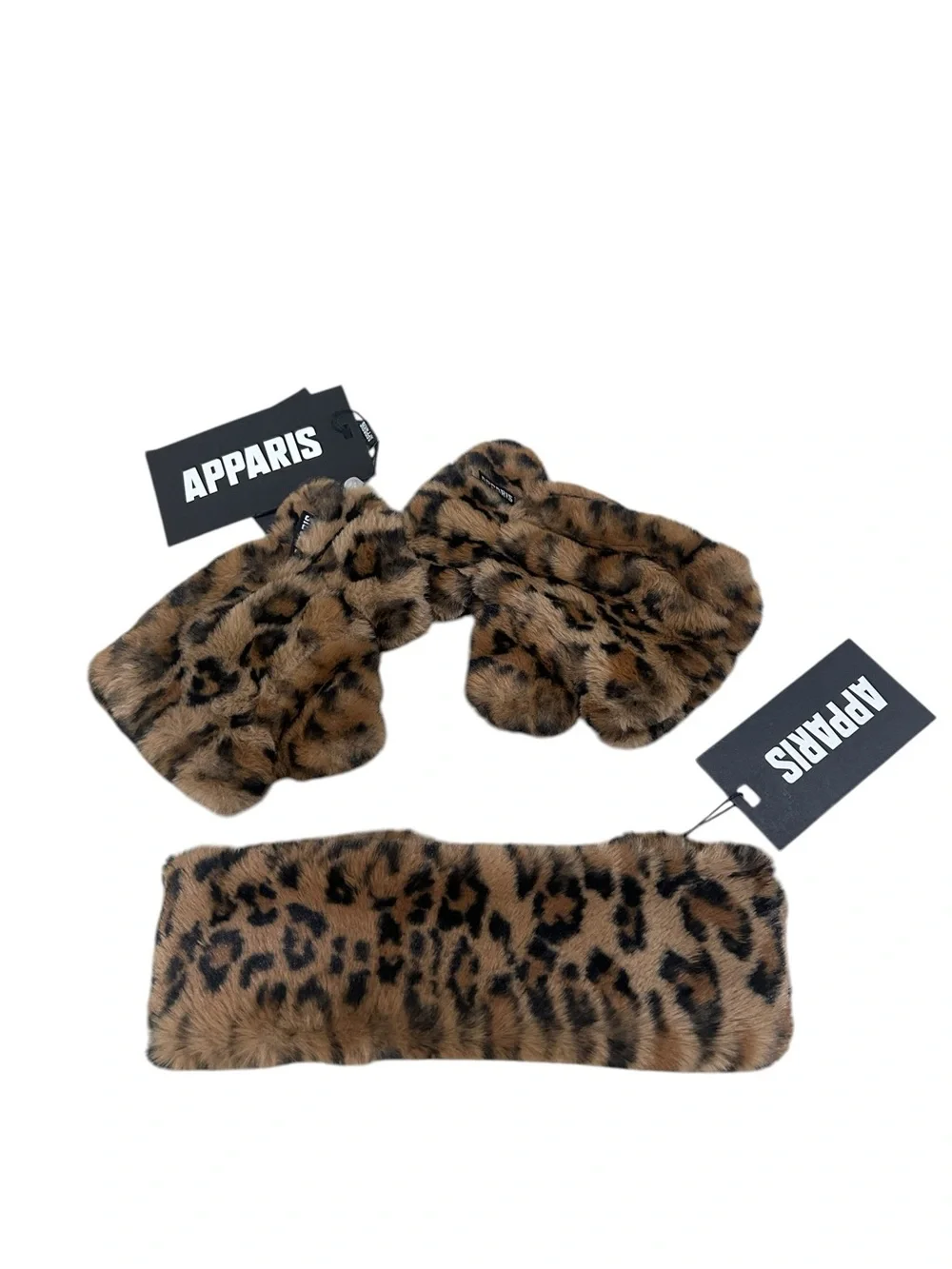 NWT Apparis Brown & Black Leopard Faux Fur Mittens & headband set Giftable